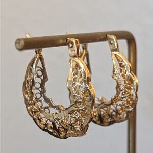 925 Sterling Silver Gold Vermeil Filigree Hoop Latch Down Pierced Earrings